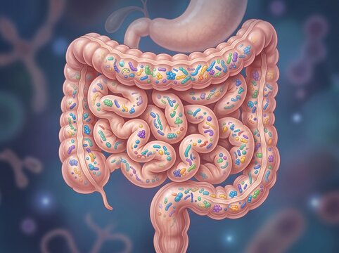 Abstract concept of gut microbiota inside human intestine with microbiota