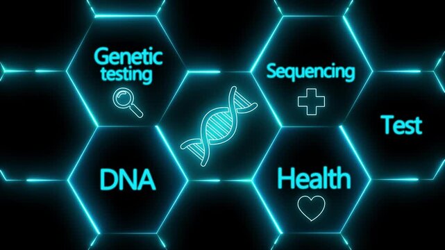 A medical a glowing DNA icon on a digital screen, surrounded by genetic and health-related terms like "Sequencing" and "Test." DNA genetic testing and sequencing hexagons on dark background..