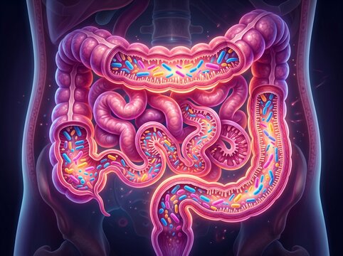 Healthy human digestive tract and gut microbiome concept with digestive