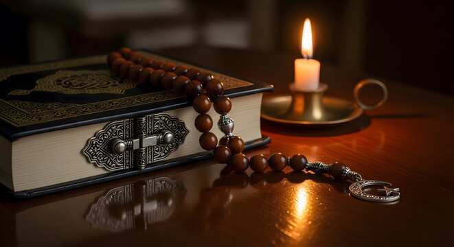 Vintage book with rosary and lit candle on wooden table. Antique religious literature and prayer beads for spiritual reflection and devotion.
