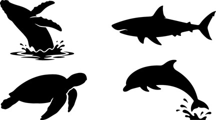 Naklejka premium Marine Life Silhouette Icon Set Featuring Humpback Whale Breaching, Great White Shark, Sea Turtle, and Jumping Dolphin Vector Illustrations for Ocean Theme Designs