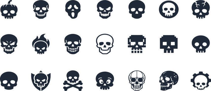 Halloween Skull Line Icon Set. Spooky Human Skeleton Outline Vector.