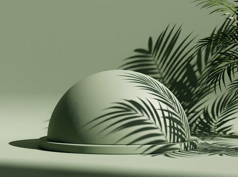 Military style pith helmet with wide brim placed on a surface with tropical palm leaves shadow cast on its smooth surface green background