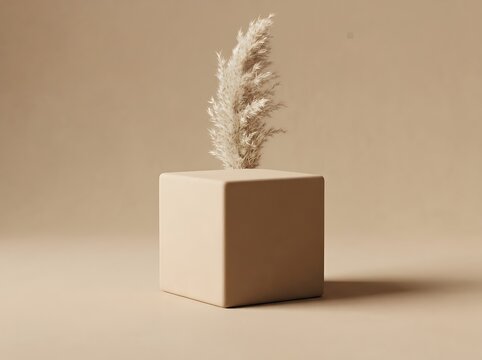 Single pampas grass decoration in a beige cube vase on a light brown background minimalist interior design with soft natural lighting and neutral tones for home decor advertising
