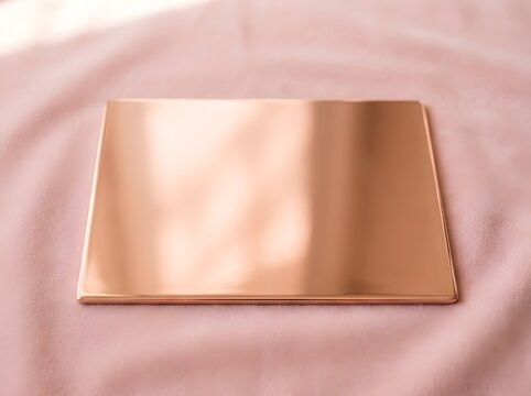 Square copper colored metal sheet with reflective shiny surface placed on light pink fabric background industrial material for design and manufacturing uses