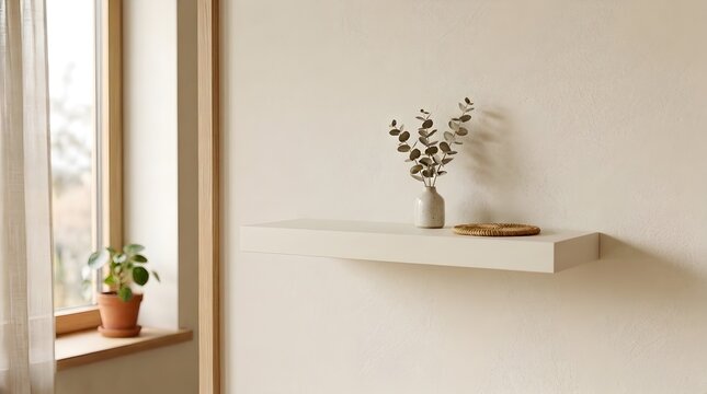 Small white ceramic vase with eucalyptus branches on a white floating shelf next to a wooden window frame with a potted plant on the sill in a minimalist interior soft natural light