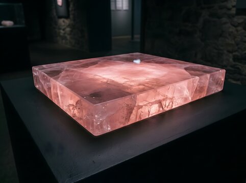 Square pink onyx stone slab with natural veining and translucent edges illuminated from below placed on a dark surface with soft ambient lighting and blurred background