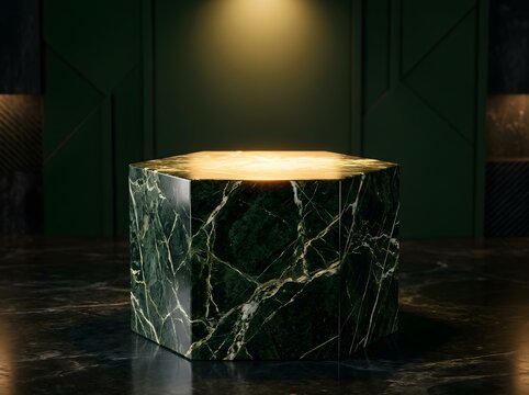 Square marble side table with dark green and gold veining and polished top surface illuminated by warm light ideal for luxury interior design and modern furniture displays