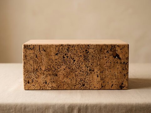 Textured brown terracotta block with rough surface and earthy tones placed on a light beige background with soft natural lighting showcasing raw natural material for architectural or