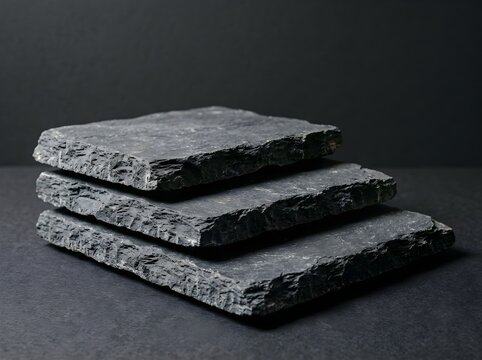 Stack of three dark gray natural slate tiles with textured rough edges on a dark background perfect for construction or interior design projects