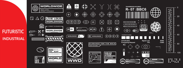Naklejka premium Futuristic industrial micrographics and cyberpunk technical labels. 