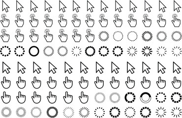 Fototapeta premium Collection of black and white computer cursor hand pointers, and circular loading spinners for web interface