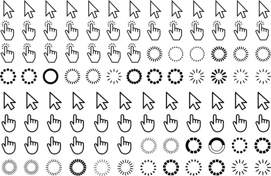 Collection of black and white computer cursor hand pointers, and circular loading spinners for web interface