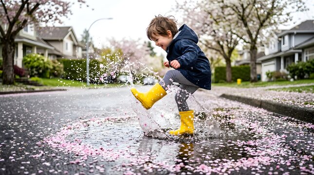 Happy child in yellow rain boots jumping in a puddle on a spring day