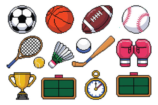 Comprehensive pixel sports equipment collection featuring balls rackets boxing gloves trophies and scoreboards for digital game