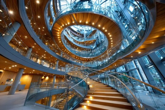 Modern Spiral Staircase in Building Atrium