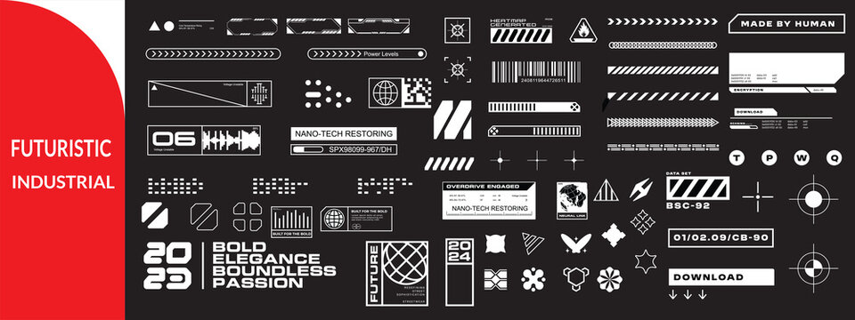 Futuristic industrial micrographics and cyberpunk technical labels. 