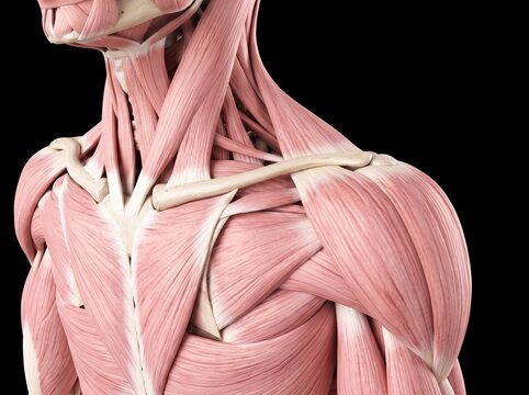 Anatomical model of human neck and chest muscle structure with shoulders