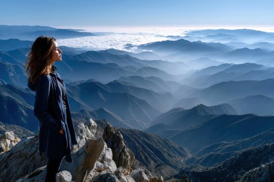 Woman enjoys breathtaking mountain view above the clouds in a serene landscape