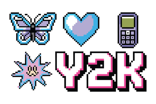 Y2 k aesthetic pixel sticker set featuring a blue butterfly, a heart, a retro mobile phone, a starburst shape, and y2 k text on white background