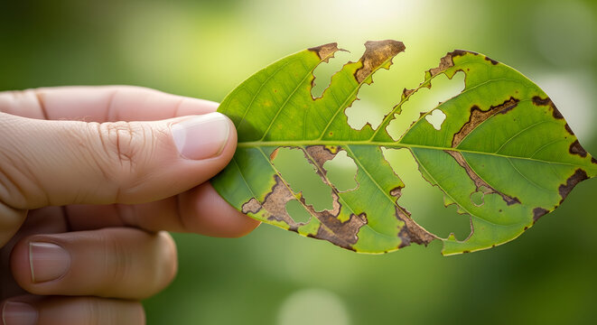 Hand holding green leaf with holes caused by pest or insect damage