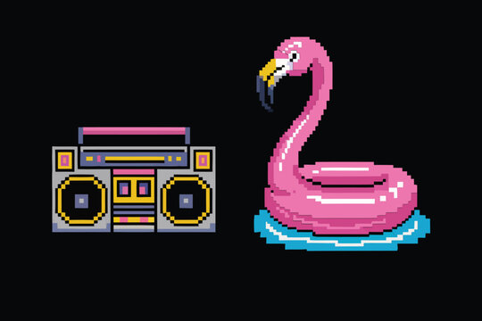 Retro pixel composition featuring a vintage boombox and a pink flamingo pool float on a solid black background, for nostalgic