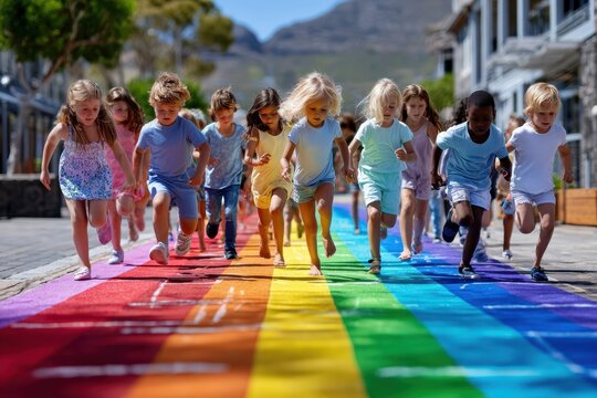 Children enjoy a colorful race on a vibrant rainbow pathway in a sunny neighborhood