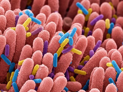 Microscopic view of intestinal villi and human gut microbiome bacteria