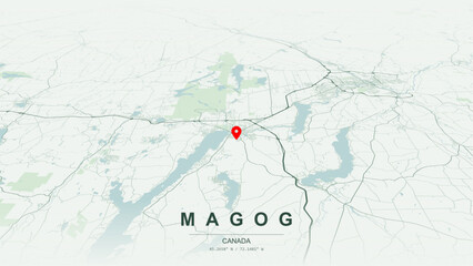 Minimalist vector map of Magog, Quebec. High-quality scalable illustration of Magog geographic boundaries within the Memphrémagog regional county, Lake Memphremagog and Magog River for posters design. © AliRza