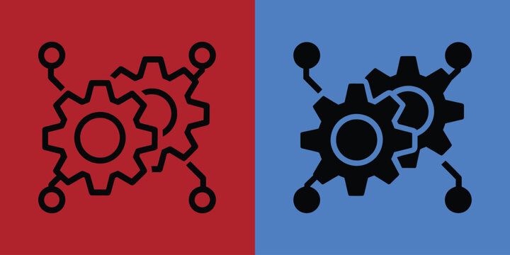Connected gear featuring two interlocking cogs with nodes in outline and solid black on red and blue panels