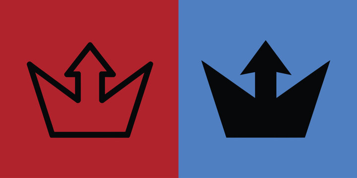 Crown or paper boat shape set in outline and solid black versions on red and blue split background