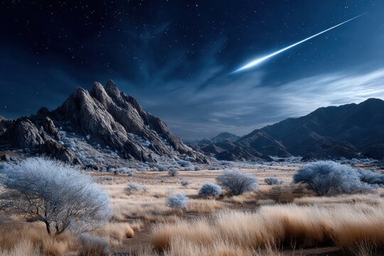 Frosty Desert Landscape with Shooting Star at Night