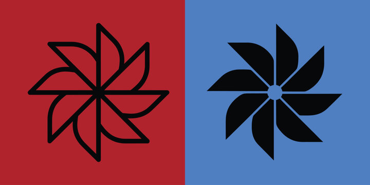 Eight pointed pinwheel geometric in black outline and solid black style on red and blue split background