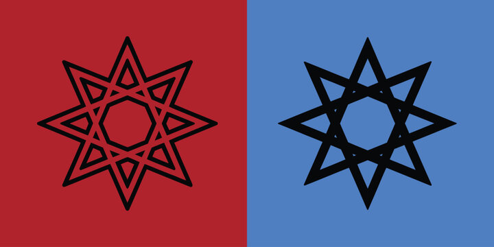 Eight pointed star geometric symbols on red and blue backgrounds