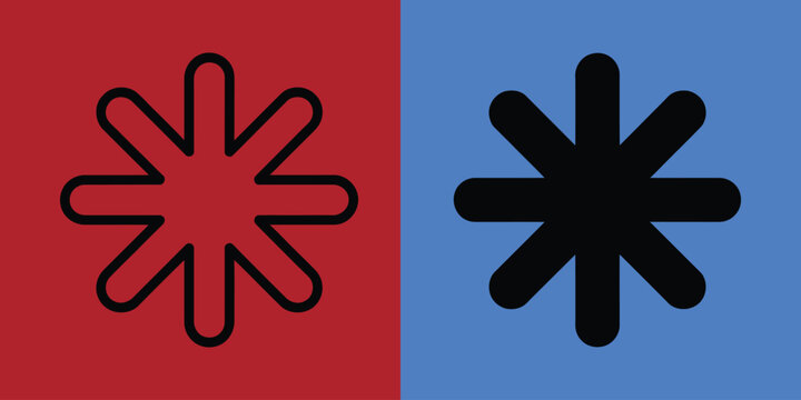 Eight pointed star or asterisk symbol in outline and solid black styles on red and blue split backgrounds