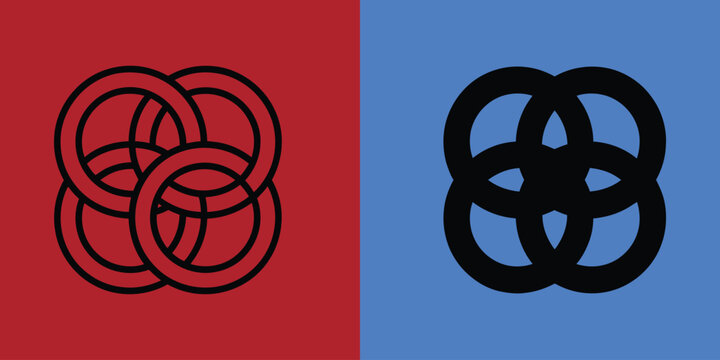 Four interlocking circles forming a symmetrical pattern in outline and solid black on red and blue backgrounds