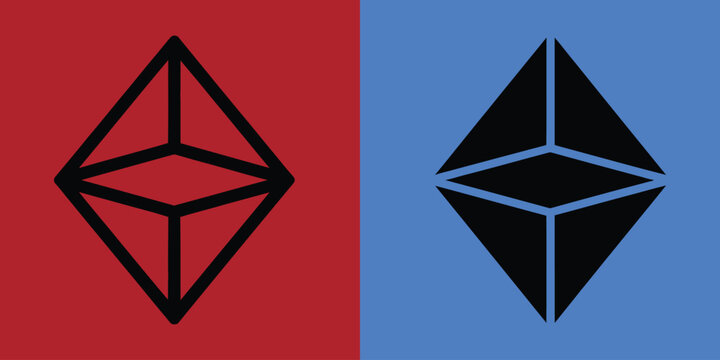 Geometric diamond shape in outline and solid black styles on red and blue backgrounds