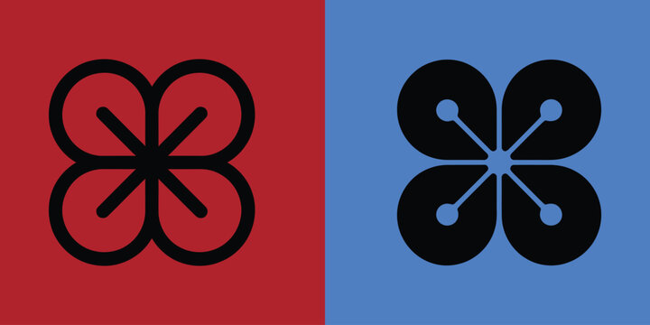 Four petal flower symbol with central cross and circular tips in black outline and solid black on red and blue panels