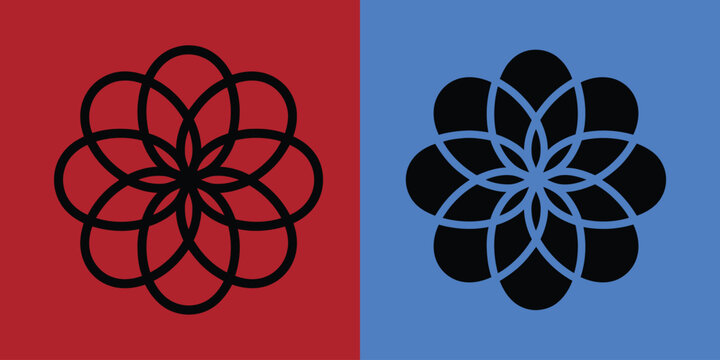 Geometric flower or petal pattern in outline and solid styles on red and blue split background colors
