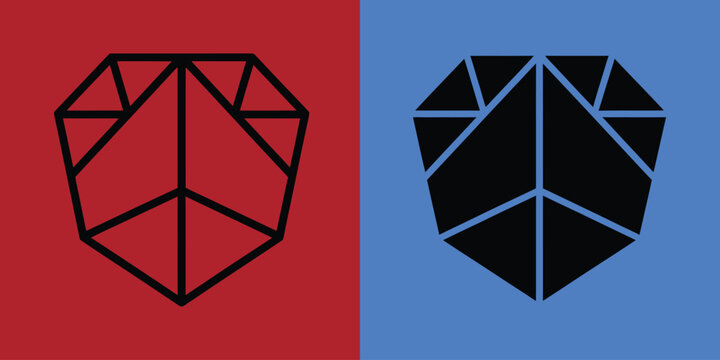 Geometric shield or gemstone in black outline and solid black style on red and blue split background