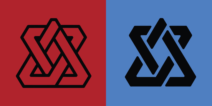 Geometric interlocking hexagonal star symbol in outline and solid black styles on red and blue backgrounds