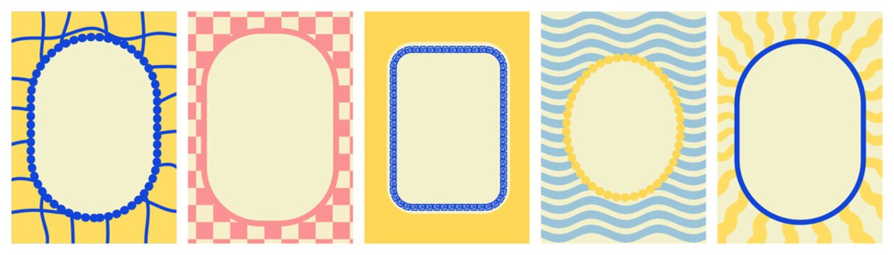 Colorful photo frame set with checkered, wave and sunburst border patterns, Decorative oval and rectangle frame collection for social media and invitation design