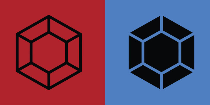 Hexagonal gemstone in outline and solid black variations displayed on contrasting red and blue split background