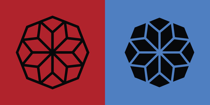 Hexagonal geometric pattern composed of rhombus shapes in black outline and solid black on red and blue backgrounds