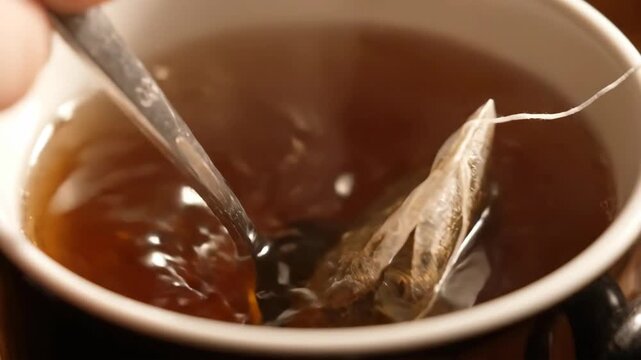 Tea bag steeping in hot water with spoon stirring inside cup, creating warm cozy beverage and soothing steeping moment
