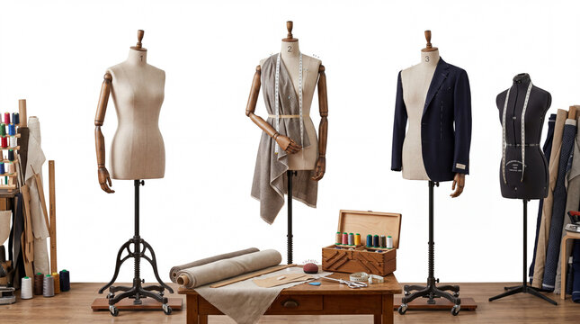 Sewing studio showcasing dressmaking mannequins with fabric swatches and sewing supplies on a wooden table