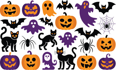 Fototapeta premium Set of cute halloween holiday design elements featuring ghosts pumpkins bats and spiders