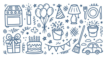 Fototapeta premium Hand drawn doodle set of celebration, party items and household chores objects for children