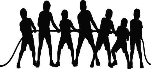 Children tug of war silhouettes, teamwork game with kids pulling rope vector illustration collection isolated design © MASUMA