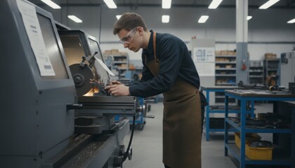 Fototapeta premium Elderly machinist instructor demonstrates precision surface grinding technique to a manufacturing apprentice at a technical college workshop, training competency checklist and industry certification